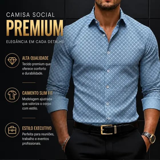 Camisa Social Masculina Estampada Manga Longa Slim Fit Confortável