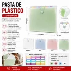 Pasta de Arquivo Sanfonada A4 12 Divisórias com Elástico em Polipropileno Escolar e Escritório