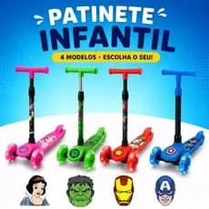 Patinete Infantil 3 Rodas, Patinete Disney, Princesas, Capitão América, Hulk, Homem de Ferro - Licenciado Disney