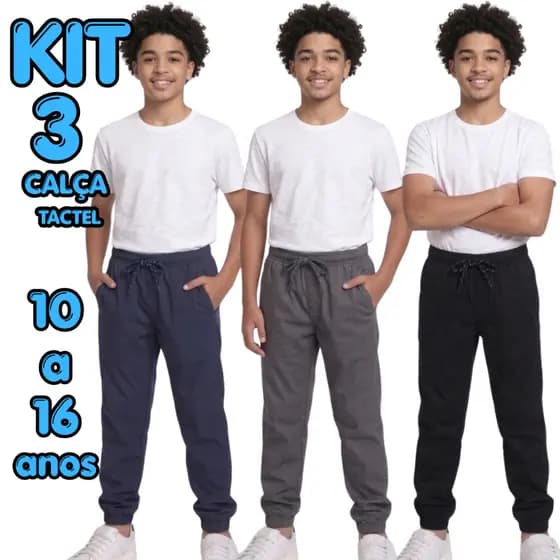 Kit 3 Calças Tactel Juvenil 10 a 16 Anos Uniforme Escola Lisa Costura Reforçada Calça Basica Lisa