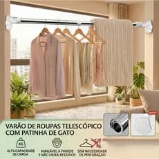Varão Extensível Telescópico Para Roupas Sem Furos Aço Inox , Varão de Cortina de Banheiro Ajustável