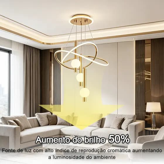 Pendente Dourado Moderno 3 Anéis 3 Cores de Luz Design Luxuoso Para Sala Quarto Jantar