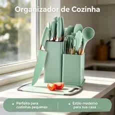 Utensílios de Cozinha Silicone Cabo Madeira Anti-Arranhão 3 Kits 6 12 19 Peças Cor Preto