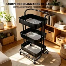Carrinho organizador metálico de 3 camadas com rodas, prático e durável