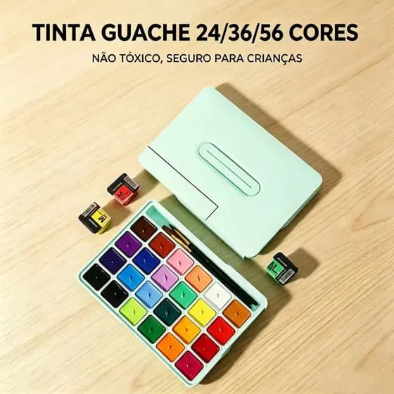 Kit Tinta Guache 24 36 56 Cores Profissional com Pincéis Alta Pigmentação Cores Vibrantes Não Tóxico