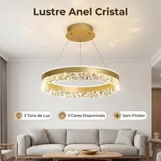 Lustre Anel de Cristal LED Moderno 3 Tons de Luz Bivolt 110V-220V Ideal para Sala Quarto e Sala de Jantar