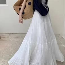 Saia de Chiffon drapeada estilo suave feminina saia longa bainha grande saia de bolo plissada [comprimento da saia cerca
