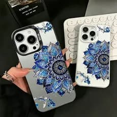 Anti-derrapante Capinha para iPhone 17/16/15/14/13/12 Pro Max Capa com Estampa de Mandala Azul e Branca Anti-Impacto
