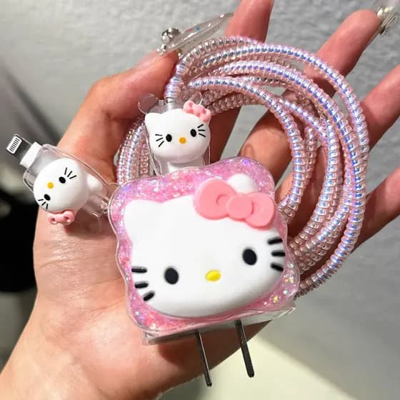 Adequado para capa protetora de carregador Apple de 20W, conjunto de cabo de dados estilo Hello Kitty com glitter e cord