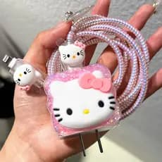 Adequado para capa protetora de carregador Apple de 20W, conjunto de cabo de dados estilo Hello Kitty com glitter e cord