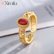 ♥ Original novo estilo Phoenix açafrão seda colorido ágata vermelha anel aberto feminino estilo chinês jóias