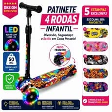 Patinete Infantil 4 Rodas - Rodas Largas 5cm - Ajuste 4 Níveis Scooter Crianças