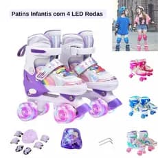 Patins Infantis com 4 Rodas Brilhantes‌ ajustáveis com velcro, seguros e chamativos Presentes