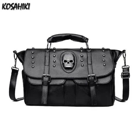 Bolsas Transversais Estéticas Góticas Punk Y2K para Mulheres, Moda Vintage com Crânios e Rebites, Bolsas de Ombro Casuai