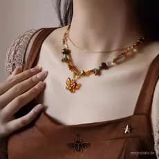 Colar De Contas De Borboleta Vintage-Gargantilha Estética Boho Outono Inverno Maillard Em Camadas