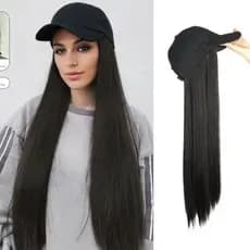 Boné De Beisebol Longo E Reto Sintético Bob Peruca Preto Cabelo Se Conecta Naturalmente Ao