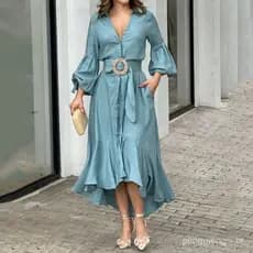 Vestido Verde Vestido Ocidental Moda Casual Manga Longa Decote em V Vestido Longo Sólido com Bolso L04L 7758