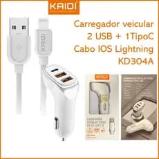 Carregador Veicular Turbo Fonte com 3 Saídas com Cabo USB para Lightning iPhone 1m Kaidi KD-304A