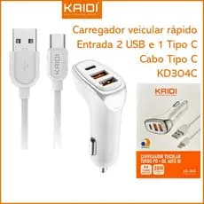 Carregador Veicular Turbo Fonte com 3 Saídas com Cabo USB para Tipo C 1m Kaidi KD-304C
