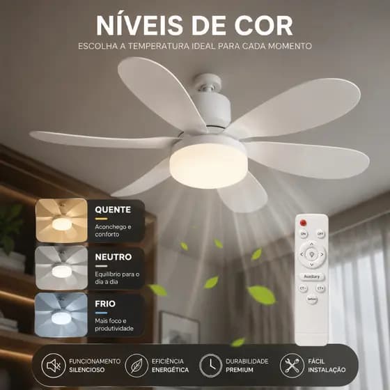Ventilador De Teto Controle Com Luz Led Embutida Cores Ajustàveis Modos Timer