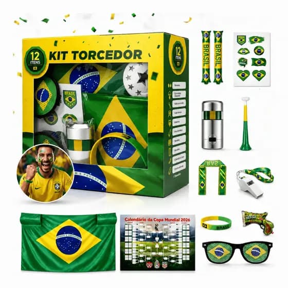 Kit Torcedor Futebol Brasil 12 Itens Copa Do Mundo Bandeira Adesivo Vuvuzela Pintura Facial