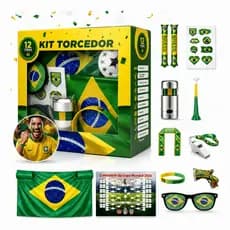 Kit Torcedor Futebol Brasil 12 Itens Copa Do Mundo Bandeira Adesivo Vuvuzela Pintura Facial