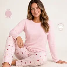 Pijama Feminino Canelado Manga Longa com Calça Estampada Confortável Outono Inverno
