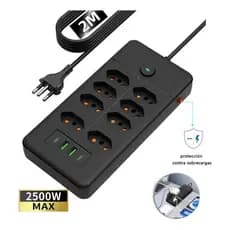 Filtro de Linha Régua 8 Tomadas Bivolt (110-220V) 2M Preto com 4 USB + 1 Type-C, Barra de Cobre Interna
