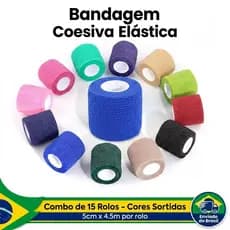 Kit 15 Rolos Bandagem Elástica Coesiva 5cm x 4,5m Cores Sortidas Esportiva Pet Fisioterapia