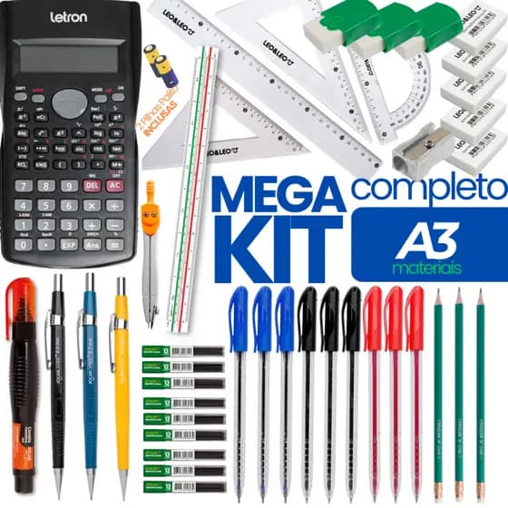 Kit Técnico 41 Itens: Calculadora + Compasso + Esquadros + Réguas + Escalímetro + Lápis + Canetas