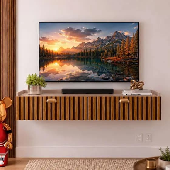 Rack Home Suspenso 90 ou 120 cm para TV Smart com Puxador Concha Porta Nicho Sala e Quarto