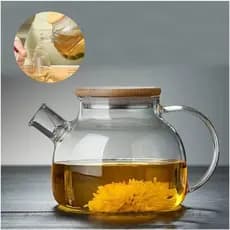 Chaleira de Vidro 1 Litro Coador Tampa de Bambu Premium Resistente a Calor de ir Fogo Bule infusor