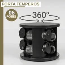 Porta Temperos Condimentos Giratório Preto 06 Potes de Vidro Tampa Dosadora com Etiqueta