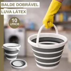 Balde Dobrável Retrátil 10 Litros Luva Látex Silicone Powermaid Resistente Com Alça e Gancho