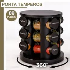 Porta Temperos Condimentos Giratório Profissional Preto 09 Potes Vidro Tampa Dosadora com Etiqueta