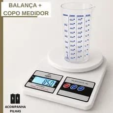 Kit 1/2 Balança Digital Alta Precisão até 10kg e Copo Medidor Dosador Cozinha Alimentos Confeitaria