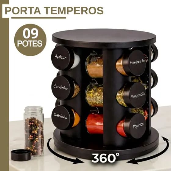 Porta Condimentos Temperos Giratório Preto 09/06 Potes de Vidro Tampa Dosadora com Etiqueta