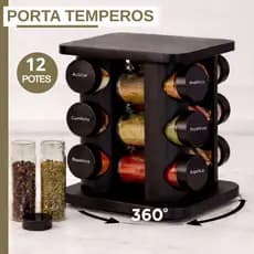 Porta Temperos Condimentos Giratório Preto 06/09/12 Potes Vidro com Tampa Dosadora Preto