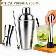 Kit Caipirinha Coqueteleira Profissional Inox 750 ML até 4 Peças Socador Dosador Colher Qualidade