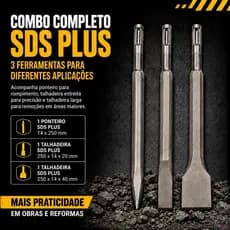 Kit SDS Plus 3 Peças Ponteira Talhadeira Estreita e Larga para Concreto Alvenaria