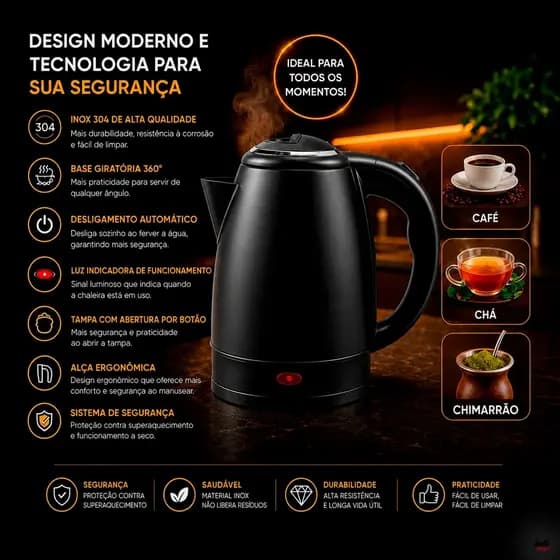 Chaleira Elétrica Inox 304 Preta 1,8 Litros Com Desligamento Automático