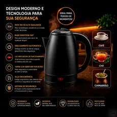 Chaleira Elétrica Inox 304 Preta 1,8 Litros Com Desligamento Automático
