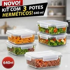 Kit 3 Potes 640ml Vidro Hermetico Marmita Fitness Com Tampa Quatro Travas Retangular Anti Vazamento Transparente.