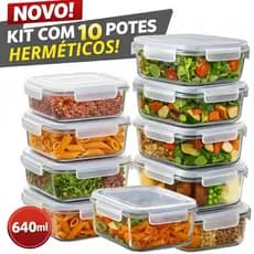 Kit 10 Potes 640ml Vidro Hermetico Marmita Fitness Com Tampa Quatro Travas Retangular Anti Vazamento