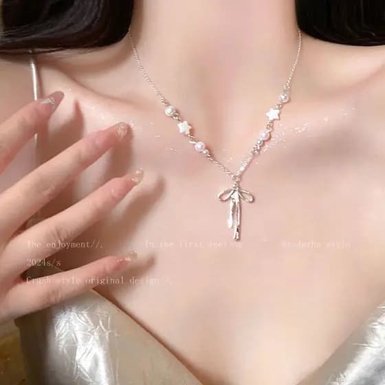Colar de Pérolas com Laço e Estrela, Gargantilha Feminina