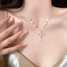 Colar de Pérolas com Laço e Estrela, Gargantilha Feminina