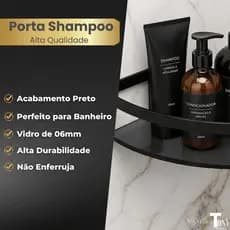 Porta Shampoo Canto Com Suporte Lateral para Banheiro Prateleira Preto Fosco Em Vidro Fumê