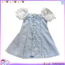 Meninas Temperamento Pérola Bolha Fio Manga Emenda Macio Denim A Linha Vestido Crianças Vestidos De Moda