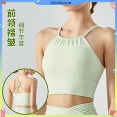 Sutiã Lulu Yoga Spo rts Com Decote Frontal , Design Plissado , Bainha Larga Sedutora E Recorte Nas Costas .