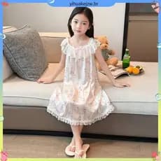 Meninas pijamas de verão camisola de seda gelo médio grande crianças fino dos desenhos animados rendas pode usar vestido